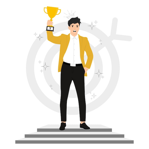 Vector flat vector successful businessman on hand holding trophy celebrates his victory business