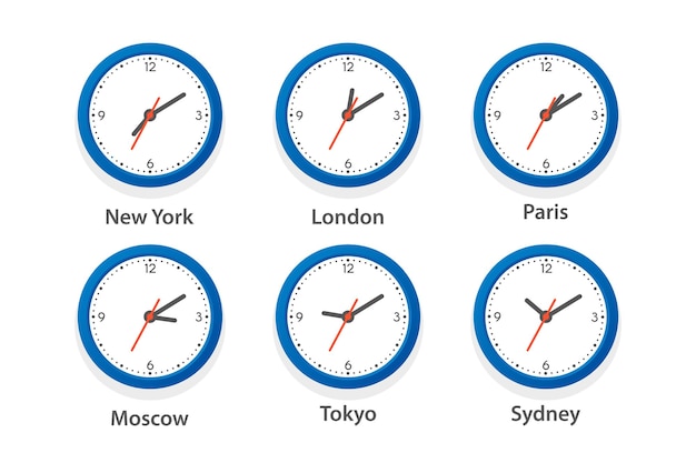 Flat Vector Wall Office Clock Icon Set Time Zones of Different Cities White Dial Design Template of Wall Clock Timezones Closeup Top Front View