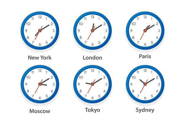 Flat Vector Wall Office Clock Icon Set Time Zones of Different Cities White Dial Design Template of Wall Clock Timezones Closeup Top Front View