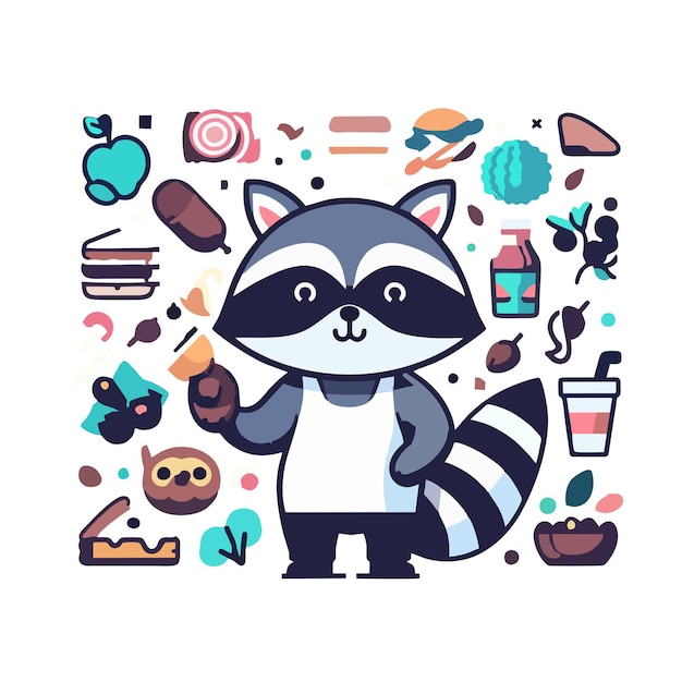 Flat vector with anthropomorphic raccoon with food around it