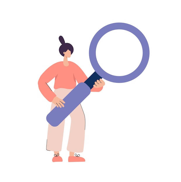 Flat vector woman holding magnifying glass or loupe and looking for information or something