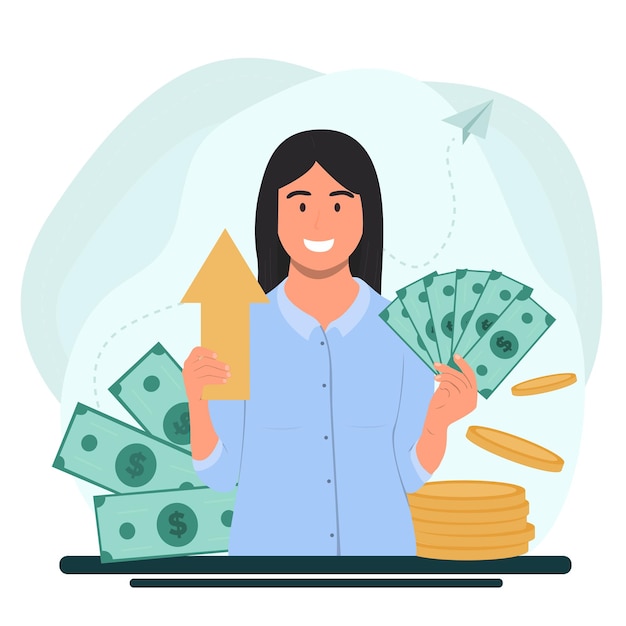 Flat vector woman successfully invests her money a girl stands with money in her hands