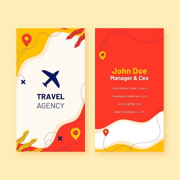 Vector flat vertical business card template for travel agency