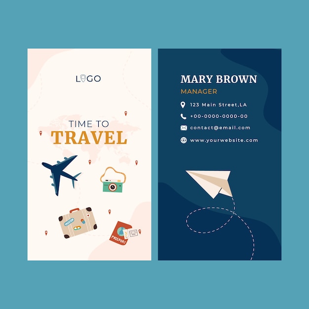 Vector flat vertical business card template for travel agency