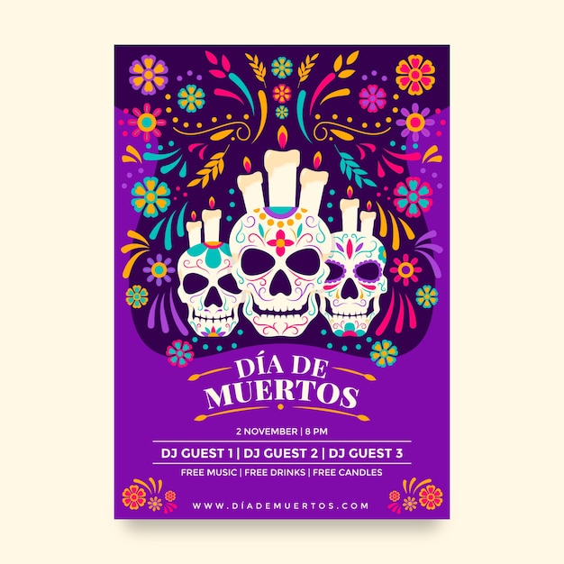 Vector flat vertical flyer template dia de muertos celebration