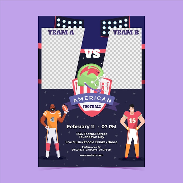 Плоский вертикальный шаблон плаката для чемпионата по американскому футболу