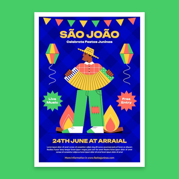 Flat vertical poster template for brazilian festas juninas celebration