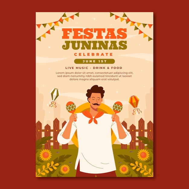 Flat vertical poster template for brazilian festas juninas festivities