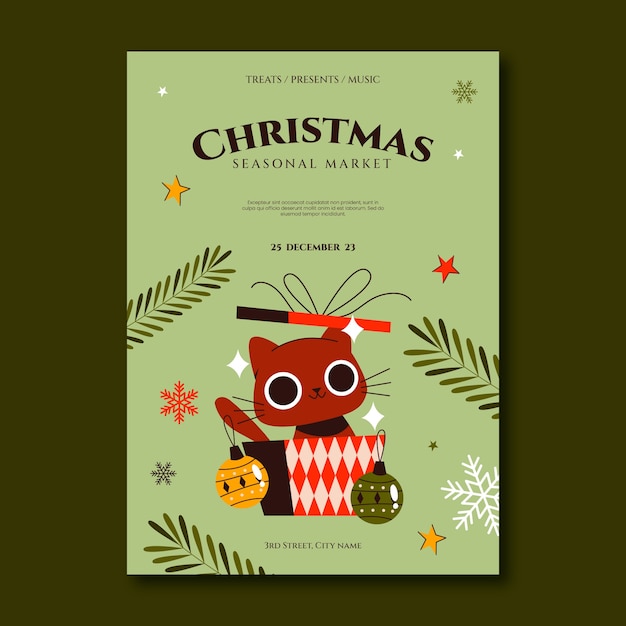 Vector flat vertical poster template for christmas market with cat