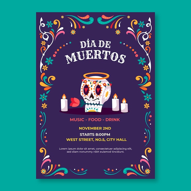 Vector flat vertical poster template for dia de muertos celebration