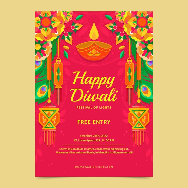 Modello di poster verticale piatto per la celebrazione del festival di diwali