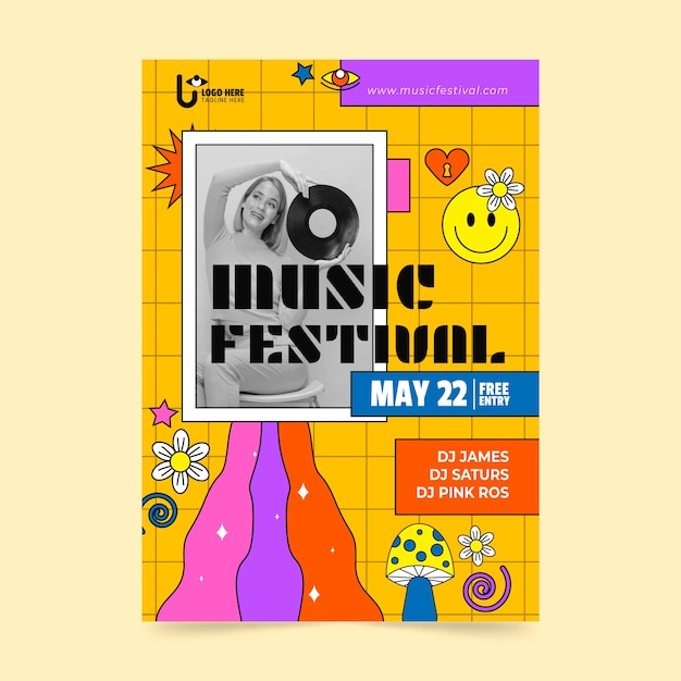 Vettore modello di poster verticale piatto per festival musicali