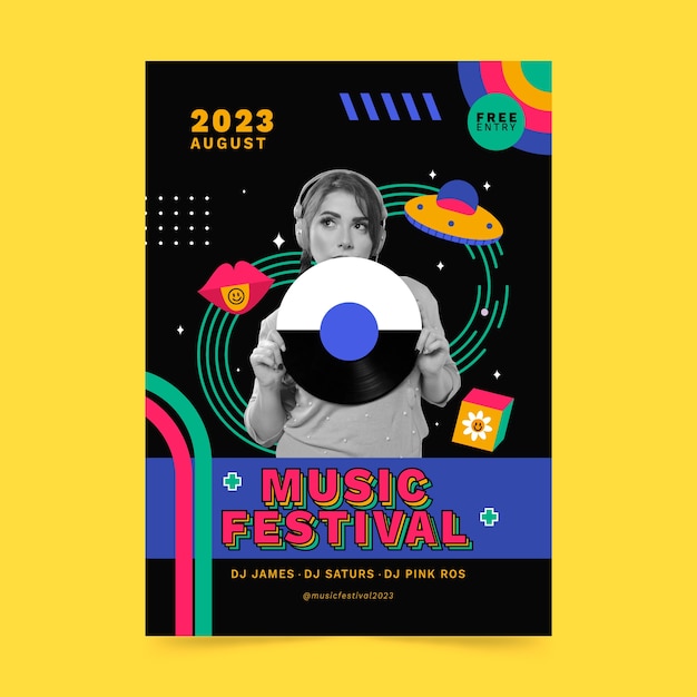 Vettore modello di poster verticale piatto per festival musicali