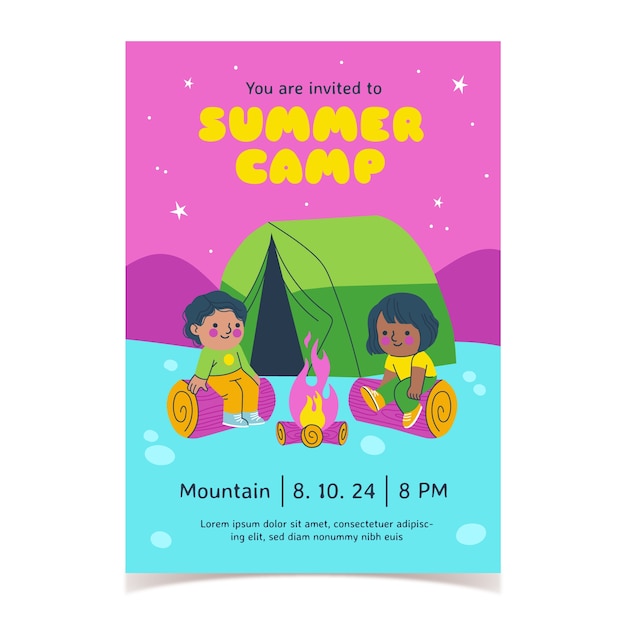 Vector flat vertical poster template for summer camp