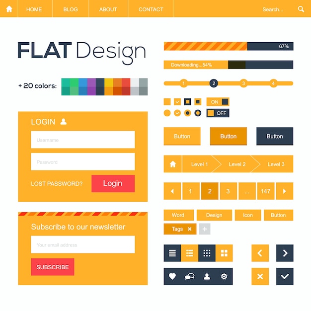 Vector flat web and mobile design elements, buttons, icons. website template.