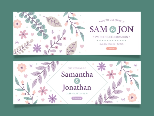 Vector flat wedding horizontal banners set with leaves