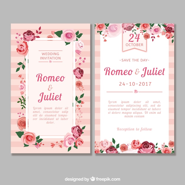 Flat wedding invitation with roses