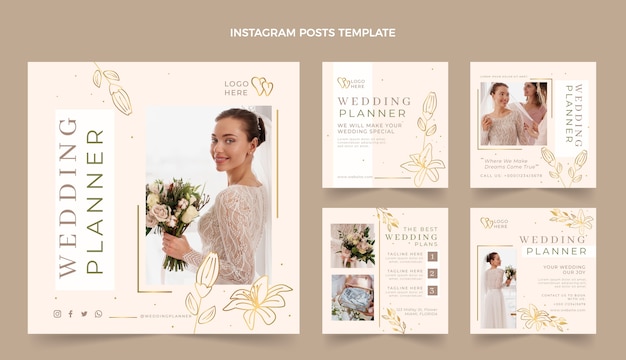Vettore collezione di post di instagram di wedding planner piatto