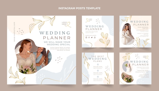 Vettore collezione di post di instagram di wedding planner piatto