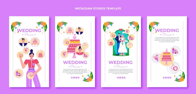 Vettore collezione di storie di instagram di wedding planner piatto