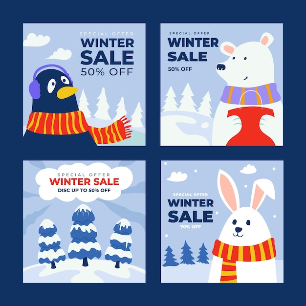 Vector flat winter sale instagram posts collection