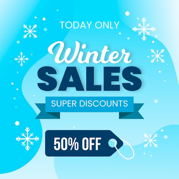 Flat winter sale promo with drawn snowflakes