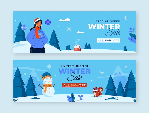 flat winter season celebration horizontal sale banners set
