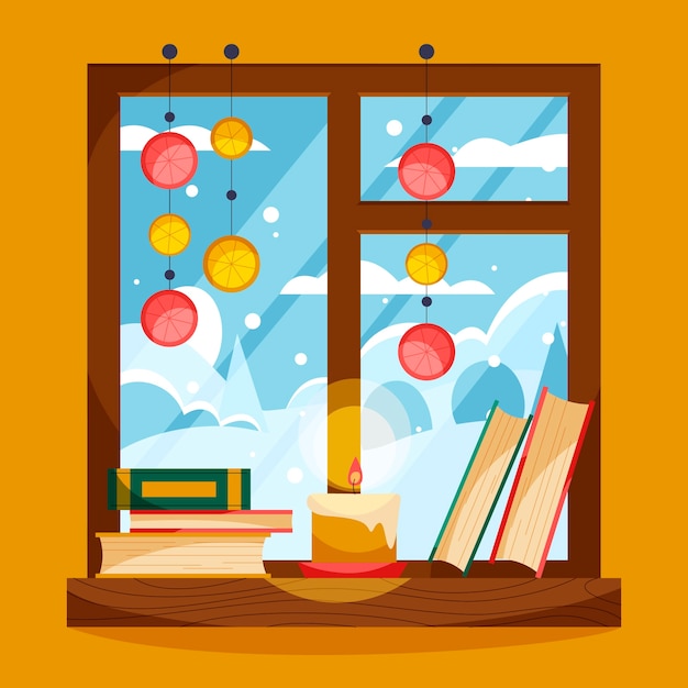 Vettore illustrazione della finestra invernale piatta