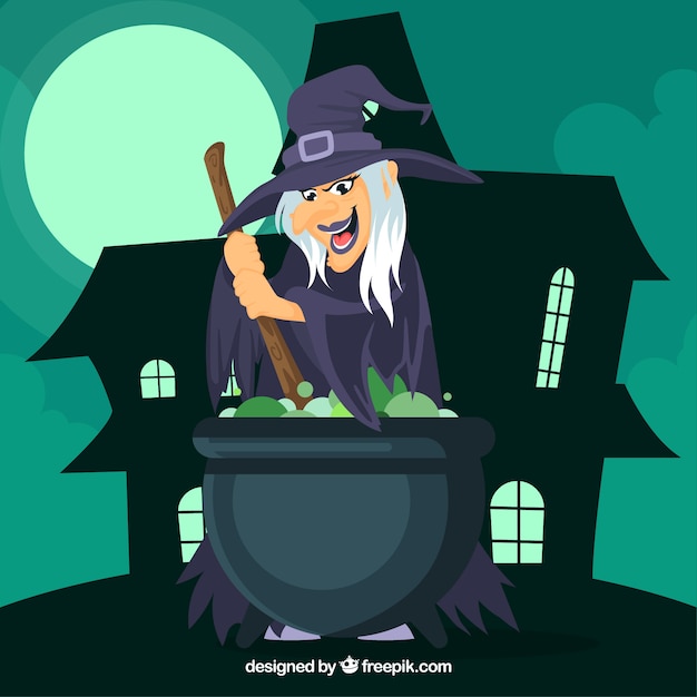 Vector flat witch cooking a potion
