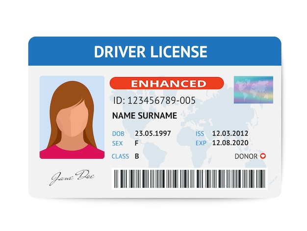 Шаблон пластиковой карты водительских прав плоской женщины, векторная иллюстрация удостоверения личности.