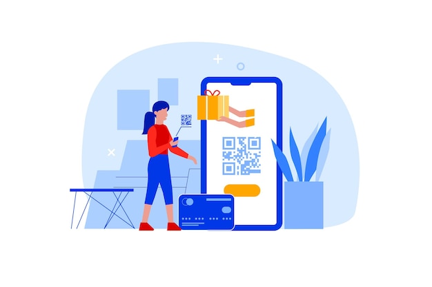 Flat woman with mobile phone in hands scan qr code for payment online. character using smartphone scanner id app for barcode scanning or money transaction technology. contactless shopping concept.