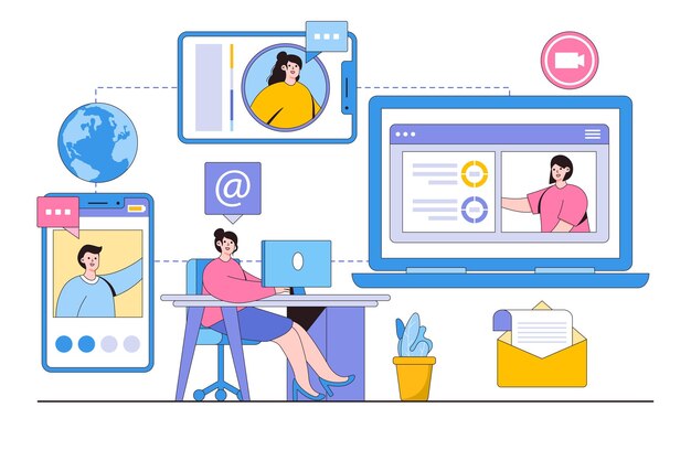 Flat women working use remote technology for video conference with team online concept Outline design style minimal vector illustration