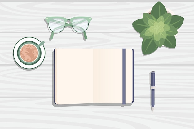 flat workplace organization top view with wooden texture table notepad cup flower pot eyeglasses and pen work desk for office concept flat vector illustration
