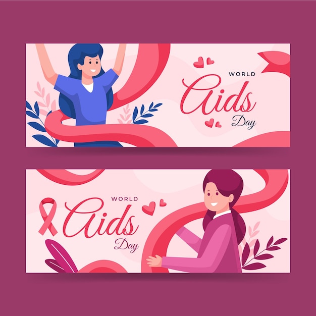 flat world aids day horizontal banners set