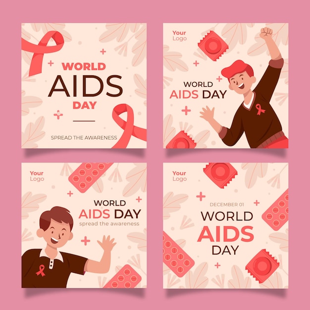 Vector flat world aids day instagram posts collection