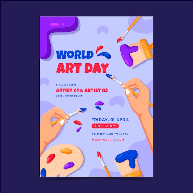 Modello di poster verticale per la giornata mondiale dell'arte piatta