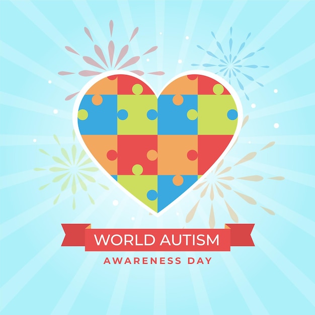 Vector flat world autism awareness day illustration with puzzle pieces