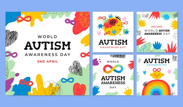 Vettore la raccolta di post di instagram per la giornata di consapevolezza dell'autismo nel mondo piatto