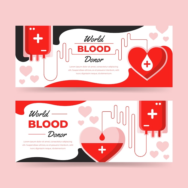 Set di banner orizzontali per la giornata mondiale del donatore di sangue piatto