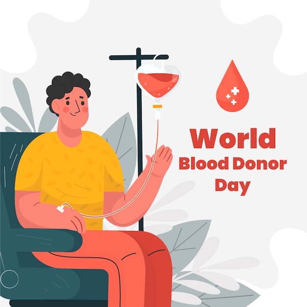 Flat world blood donor day illustration with person donating blood