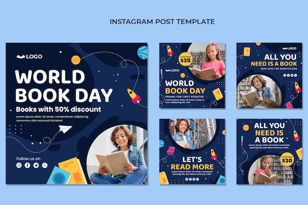 Vettore collezione di post instagram per la giornata mondiale del libro piatta