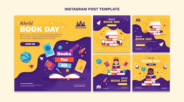 Vector flat world book day instagram posts collection