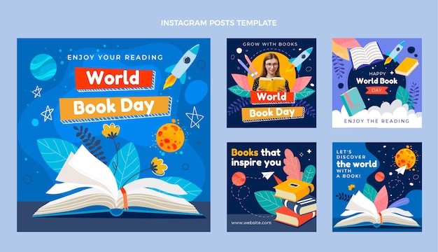 Flat world book day instagram posts collection