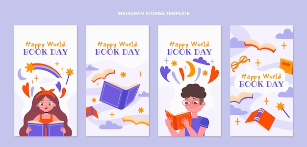 Collezione di storie di instagram per la giornata mondiale del libro piatto