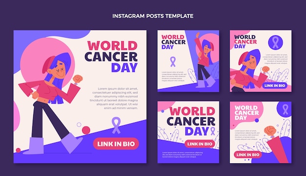 Vettore raccolta di post di instagram per la giornata mondiale del cancro piatta