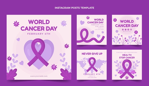 Vettore raccolta di post di instagram per la giornata mondiale del cancro piatta