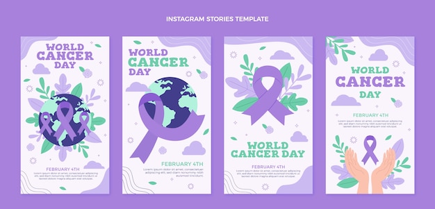 Vettore collezione di storie di instagram per la giornata mondiale del cancro piatta