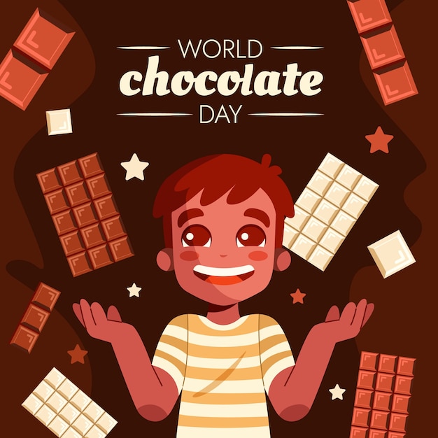 Vettore illustrazione della giornata mondiale del cioccolato piatto con ragazzo e cioccolato