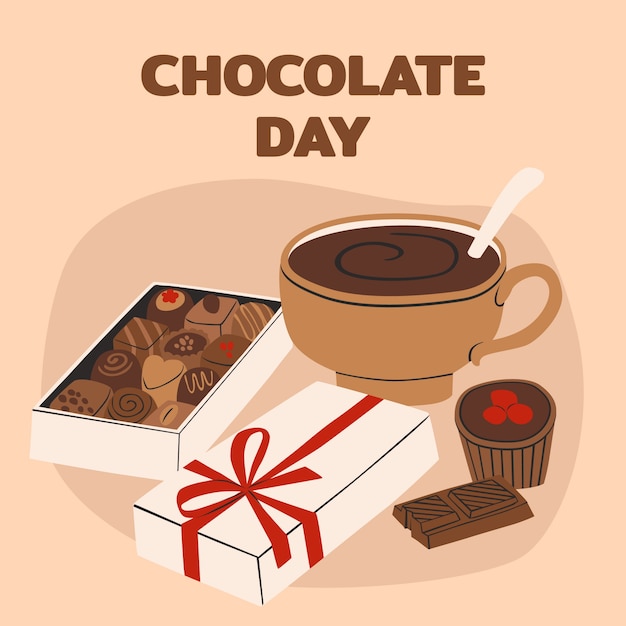 Flat world chocolate day illustration with chocolate treats