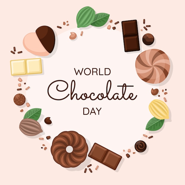 Vettore illustrazione della giornata mondiale del cioccolato piatta con cioccolato